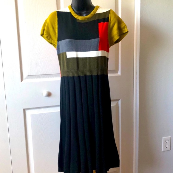 Vince Camuto Short Sleeve Pleated Color Block Sweater Dress Sz L - Picture 1 of 9